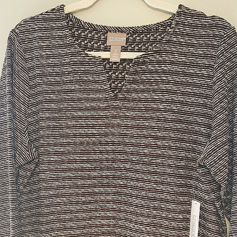 Chico's White and Brown Ribbed 3/4 Sleeve Blouse